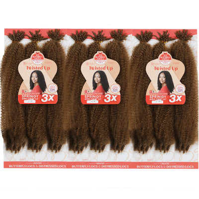 Four packs of Twist Up Springy Straight 3X hair extensions in a dark brown color, packaged in a white and red cardboard display.