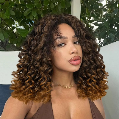 14-Inch Afro Curly 3-In-1 (Half Wig,Headband,Drawstring Ponytail) Synthetic Hair Wig (#1B/30)