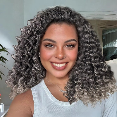 14-Inch Afro Curly 3-In-1 (Half Wig,Headband,Drawstring Ponytail) Synthetic Hair Wig (#1B/Gray)
