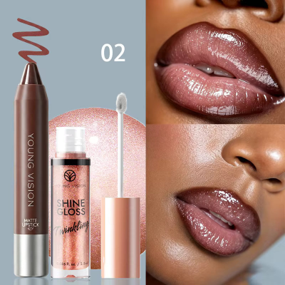 YOUNG VISION 2pcs Lips Makeup With Shimmer Lip Gloss & Matte Lip Liner - (1pcs)