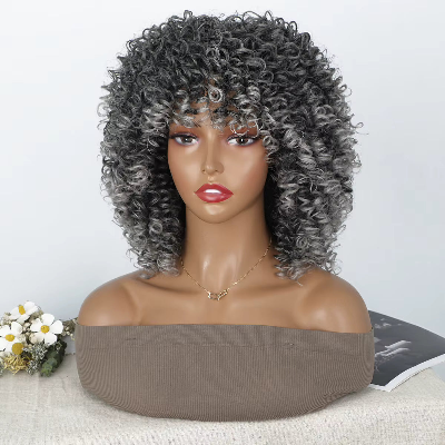 16-Inch Afro Kinky Curly Synthetic Hair with Bangs (#T2/0906)