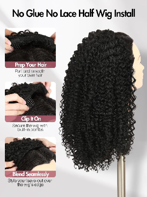 16-Inch Afro Kinky Curly 3-in-1 Synthetic Hair Half-Wig (#1B)