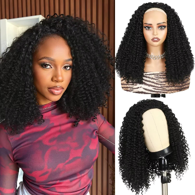 16-Inch Afro Kinky Curly 3-in-1 Synthetic Hair Half-Wig (#1B)