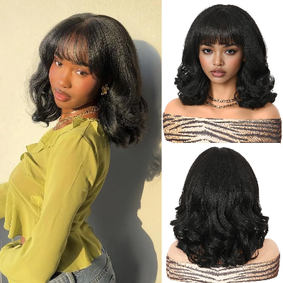 14-Inch Yaki Short Bob Water Wave Curly Synthetic Hair Wig with Bangs (Black)