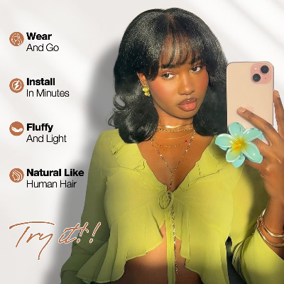 14-Inch Yaki Short Bob Water Wave Curly Synthetic Hair Wig with Bangs (Black)