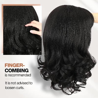 14-Inch Yaki Short Bob Water Wave Curly Synthetic Hair Wig with Bangs (Black)