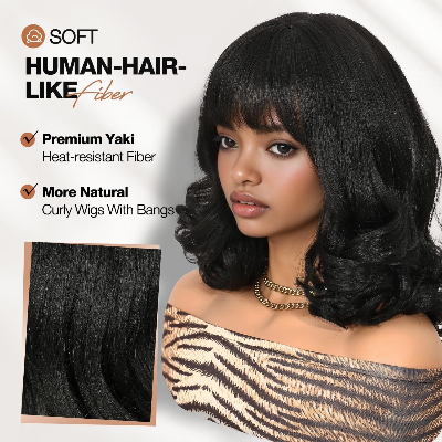 14-Inch Yaki Short Bob Water Wave Curly Synthetic Hair Wig with Bangs (Black)