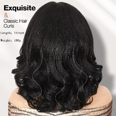 14-Inch Yaki Short Bob Water Wave Curly Synthetic Hair Wig with Bangs (Black)