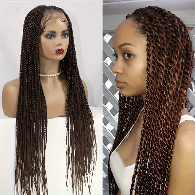 24- Inch Full Lace Glueless Synthetic Hand-Twisted Braid Wig (#T30-Auburn Brown)