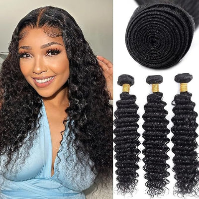 20-Inch Deep-Wave 10A Brazilian Remy 100% Human Hair Bundles (3-Bundles/#1B)