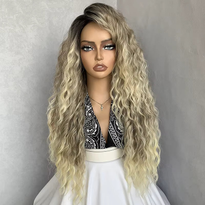 26-Inch Water Wave Curly Synthetic Hair High Temperature Fiber Wig (#4/613 Blonde)