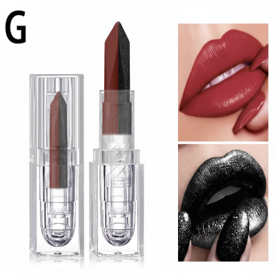 Two clear cosmetic tubes containing lipstick are shown on a white background, alongside close-up lip swatches demonstrating the shade. The lipstick bullet appears to be a deep warm red-brown, with one tube showing a dark charcoal/black tip and the other showing the red-brown shade through a clear cap.