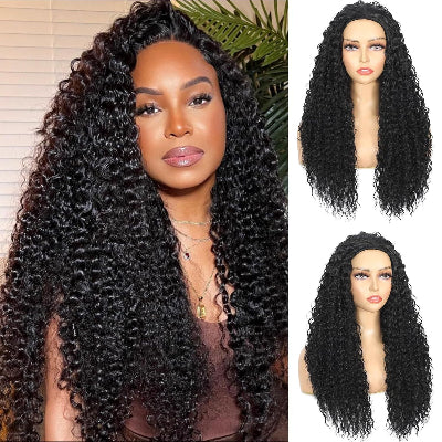 24-Inch Kinky Curly 3-in-1 Synthetic Fiber Hair Half-Wig with Drawstring Ponytails (#1B)