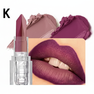 A lipstick bullet in a clear tube shown in front of two swatches of the shade and a close-up of lips wearing the color. The shade is labeled with the letter K.