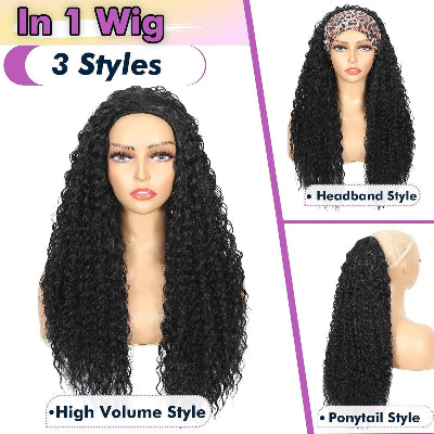 24-Inch Kinky Curly 3-in-1 Synthetic Fiber Hair Half-Wig with Drawstring Ponytails (#1B)