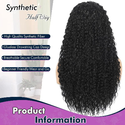 24-Inch Kinky Curly 3-in-1 Synthetic Fiber Hair Half-Wig with Drawstring Ponytails (#1B)