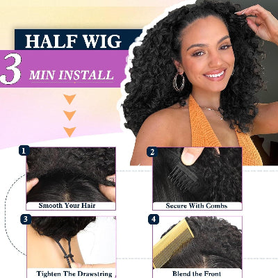 24-Inch Kinky Curly 3-in-1 Synthetic Fiber Hair Half-Wig with Drawstring Ponytails (#1B)