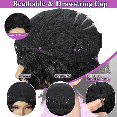 24-Inch Kinky Curly 3-in-1 Synthetic Fiber Hair Half-Wig with Drawstring Ponytails (#1B)