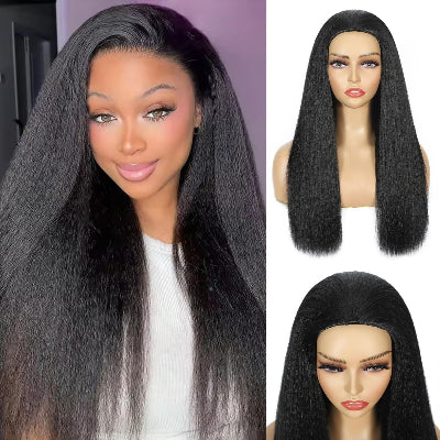 22-Inch Kinky Straight 3-in-1 Synthetic Fiber Hair Half-Wig with Drawstring Ponytails (#1B)