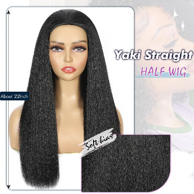 22-Inch Kinky Straight 3-in-1 Synthetic Fiber Hair Half-Wig with Drawstring Ponytails (#1B)