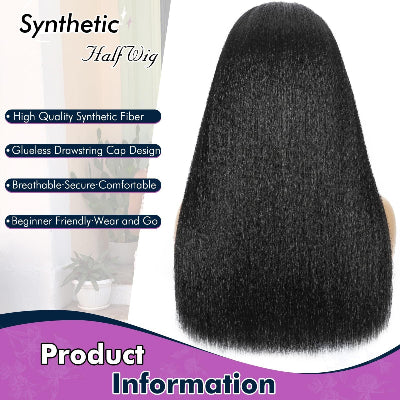 22-Inch Kinky Straight 3-in-1 Synthetic Fiber Hair Half-Wig with Drawstring Ponytails (#1B)