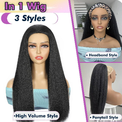 22-Inch Kinky Straight 3-in-1 Synthetic Fiber Hair Half-Wig with Drawstring Ponytails (#1B)