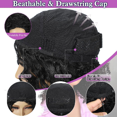 22-Inch Kinky Straight 3-in-1 Synthetic Fiber Hair Half-Wig with Drawstring Ponytails (#1B)