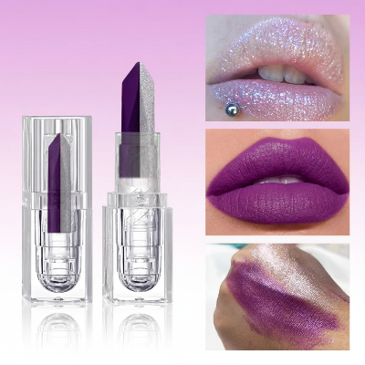 Purple lipstick with clear casing, applied on lips and swatched on skin against a pink background.