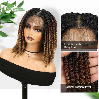 14-Inch Heat-Resistant Fiber Passion Twist Braid Wig with Baby Hair Lightweight (#T30-Auburn Brown)