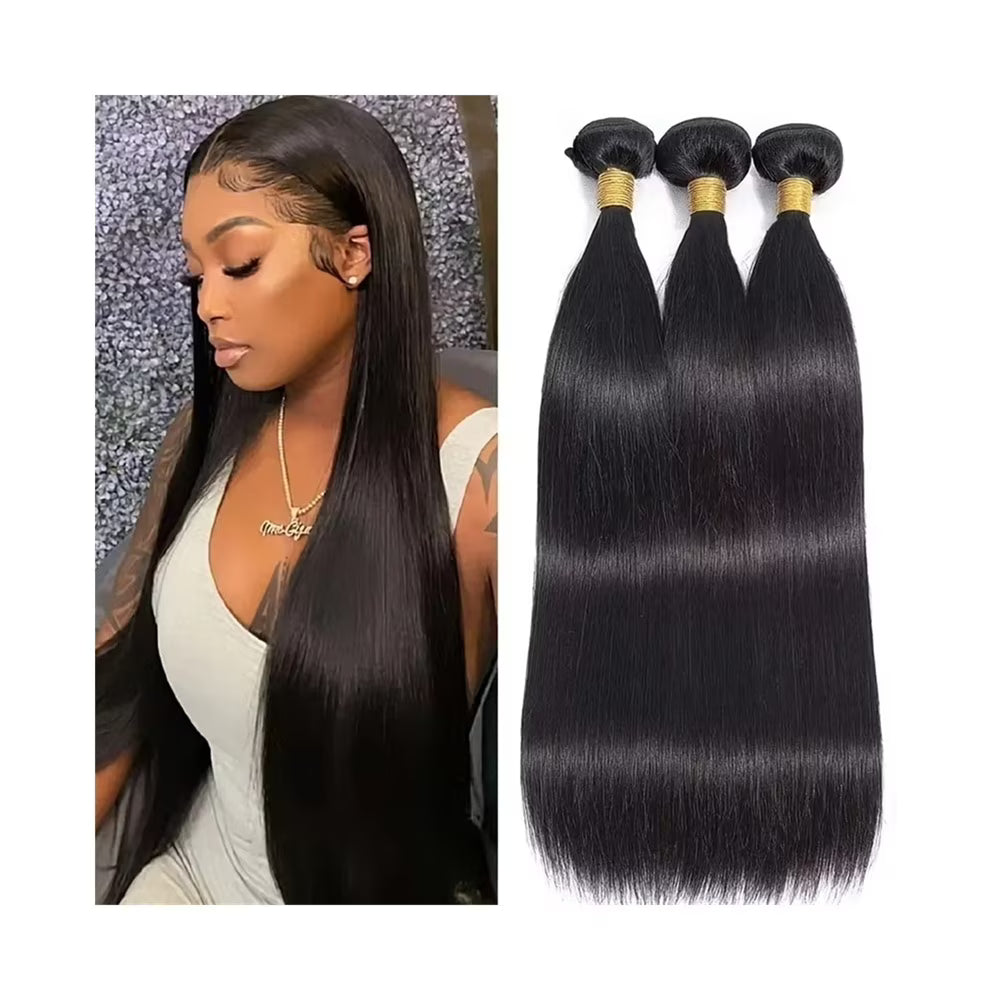 12 14 16 Inch Straight 10A Brazilian Remy 100% Human Hair Bundles (3-Bundles/#1B)