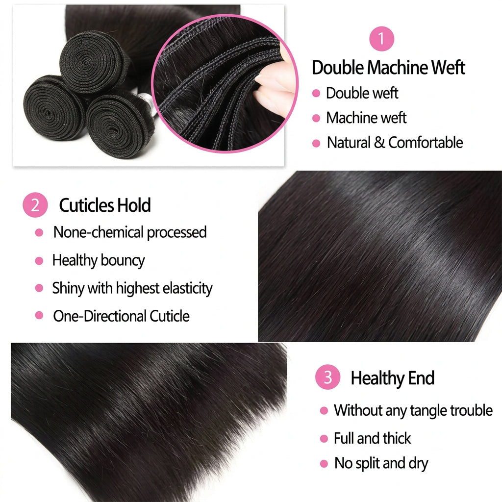 12 14 16 Inch Straight 10A Brazilian Remy 100% Human Hair Bundles (3-Bundles/#1B)