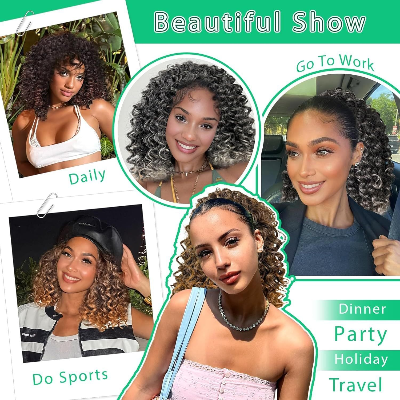 14-Inch Afro Curly 3-In-1 (Half Wig,Headband,Drawstring Ponytail) Synthetic Hair Wig (#1B/30)