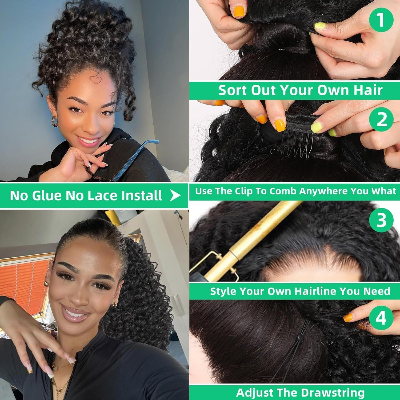 14-Inch Afro Curly 3-In-1 (Half Wig,Headband,Drawstring Ponytail) Synthetic Hair Wig (#1B/30)