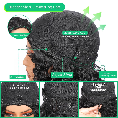 14-Inch Afro Curly 3-In-1 (Half Wig,Headband,Drawstring Ponytail) Synthetic Hair Wig (#1B/30)