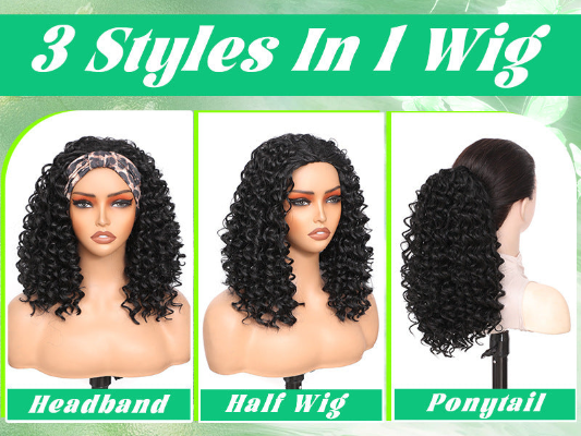 14-Inch Afro Curly 3-In-1 (Half Wig,Headband,Drawstring Ponytail) Synthetic Hair Wig (#1B/Gray)