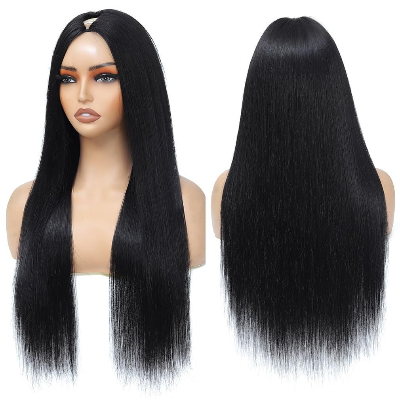 26-Inch V-Part Straight Synthetic Hair High Temperature Fiber Wig (Black)