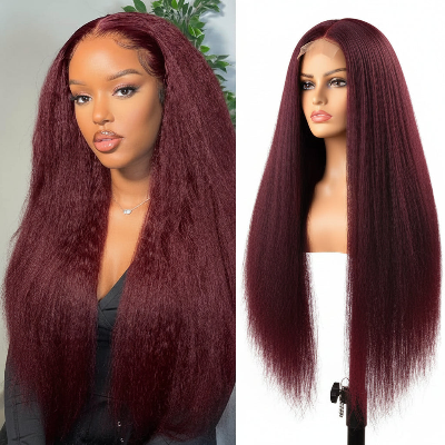 32-Inch Yaki Kinky Straight Hair HD Transparent Front Lace Synthetic Wigs (#350)